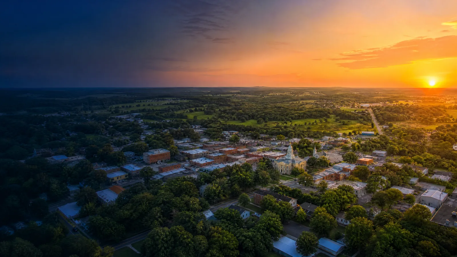 Aerial view of Brooksville, Hernando County, Florida at golden hour