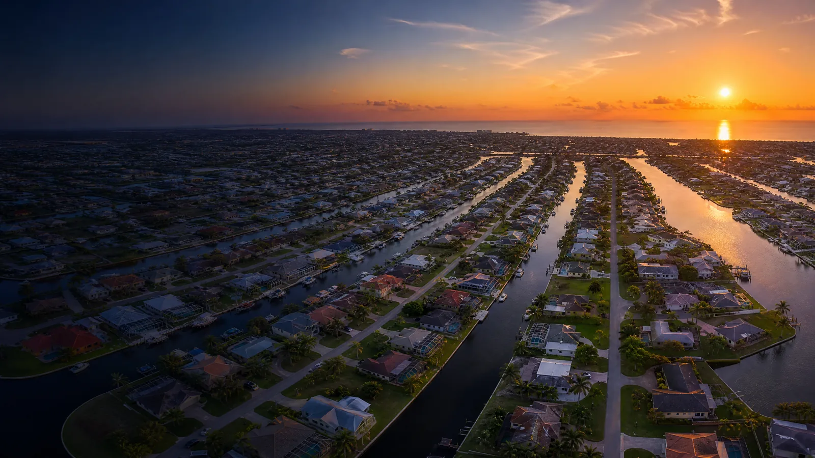 Aerial view of Cape Coral, Lee County, Florida at golden hour