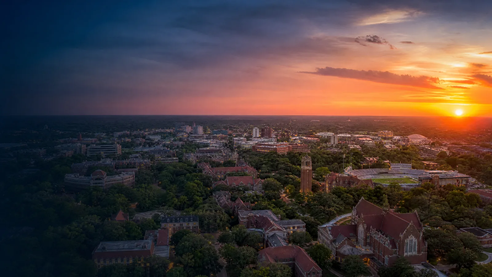 Aerial view of Gainesville, Alachua County, Florida at golden hour