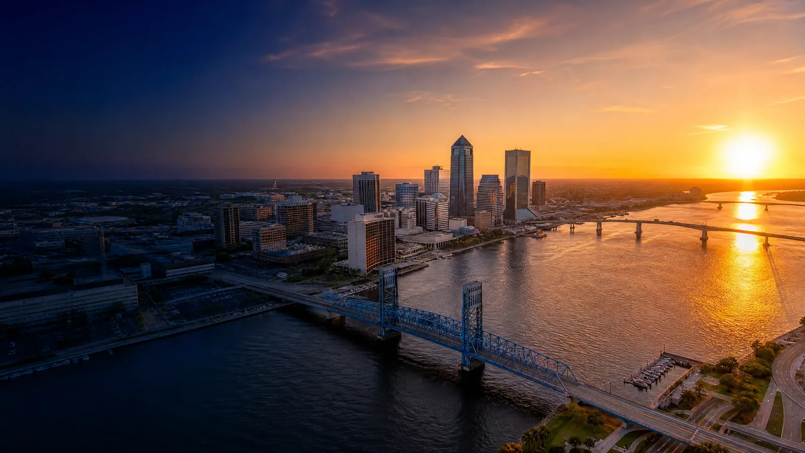 Aerial view of Jacksonville, Duval County, Florida at golden hour