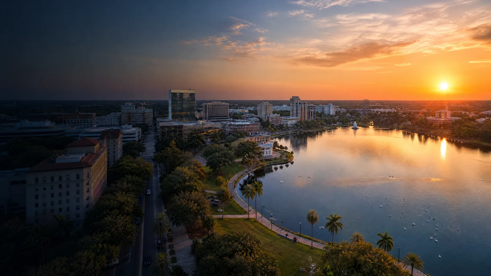 Aerial view of Lakeland, Polk County, Florida at golden hour