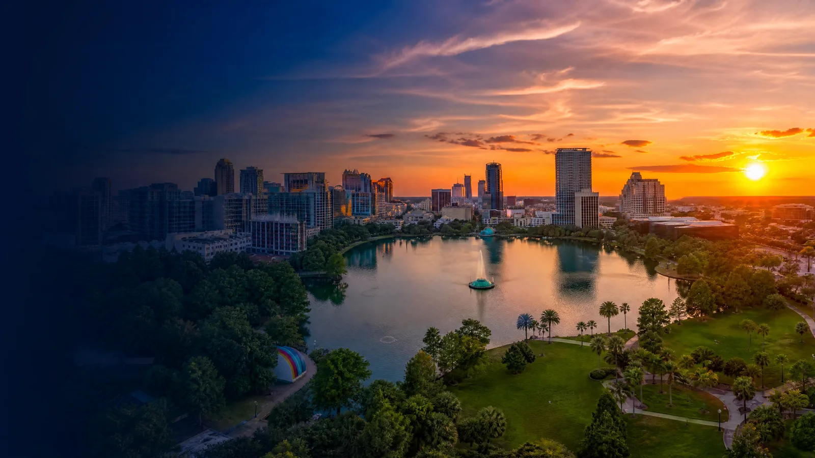 Aerial view of Orlando, Orange County, Florida at golden hour