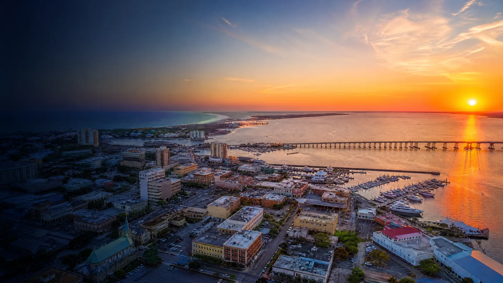 Aerial view of Pensacola, Escambia County, Florida at golden hour