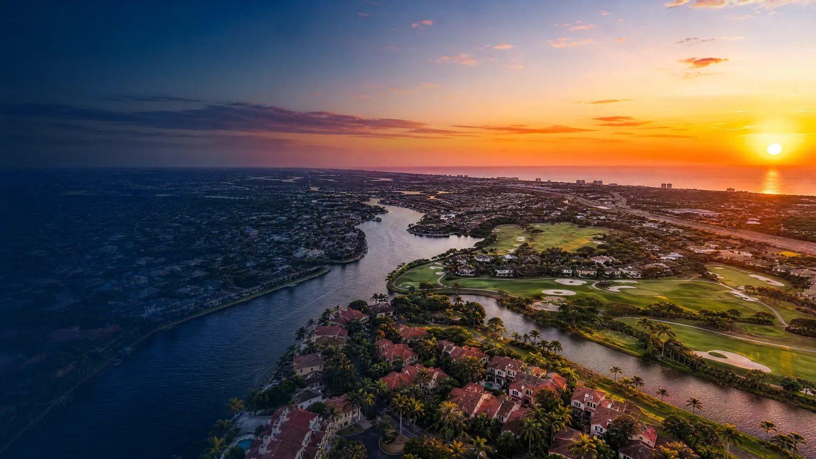 Aerial view of Port St. Lucie, St. Lucie County, Florida at golden hour