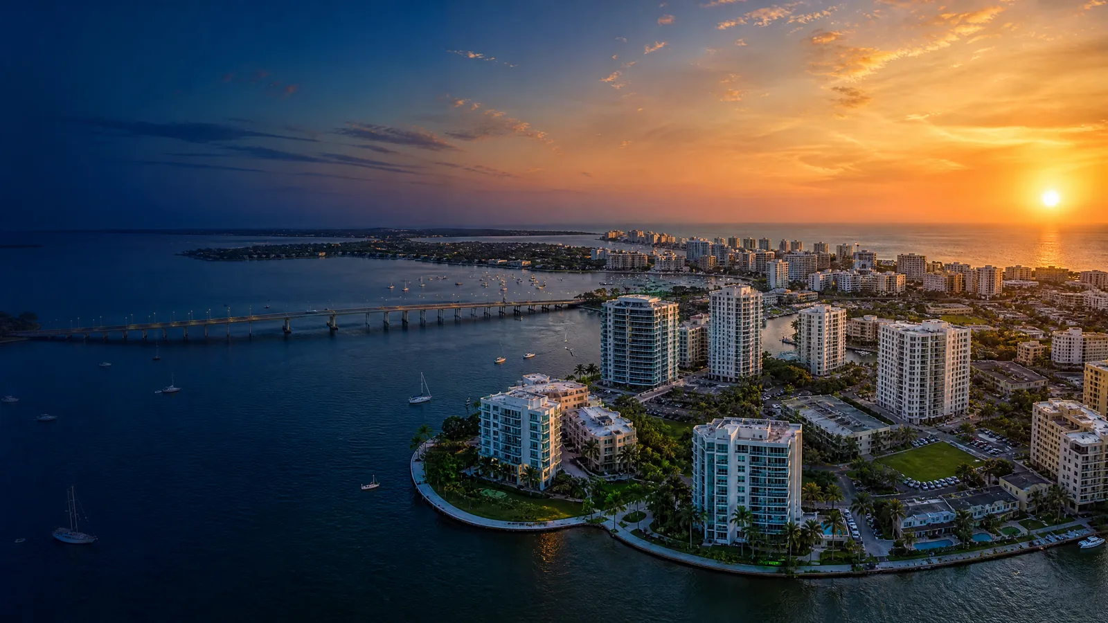 Aerial view of Sarasota, Sarasota County, Florida at golden hour