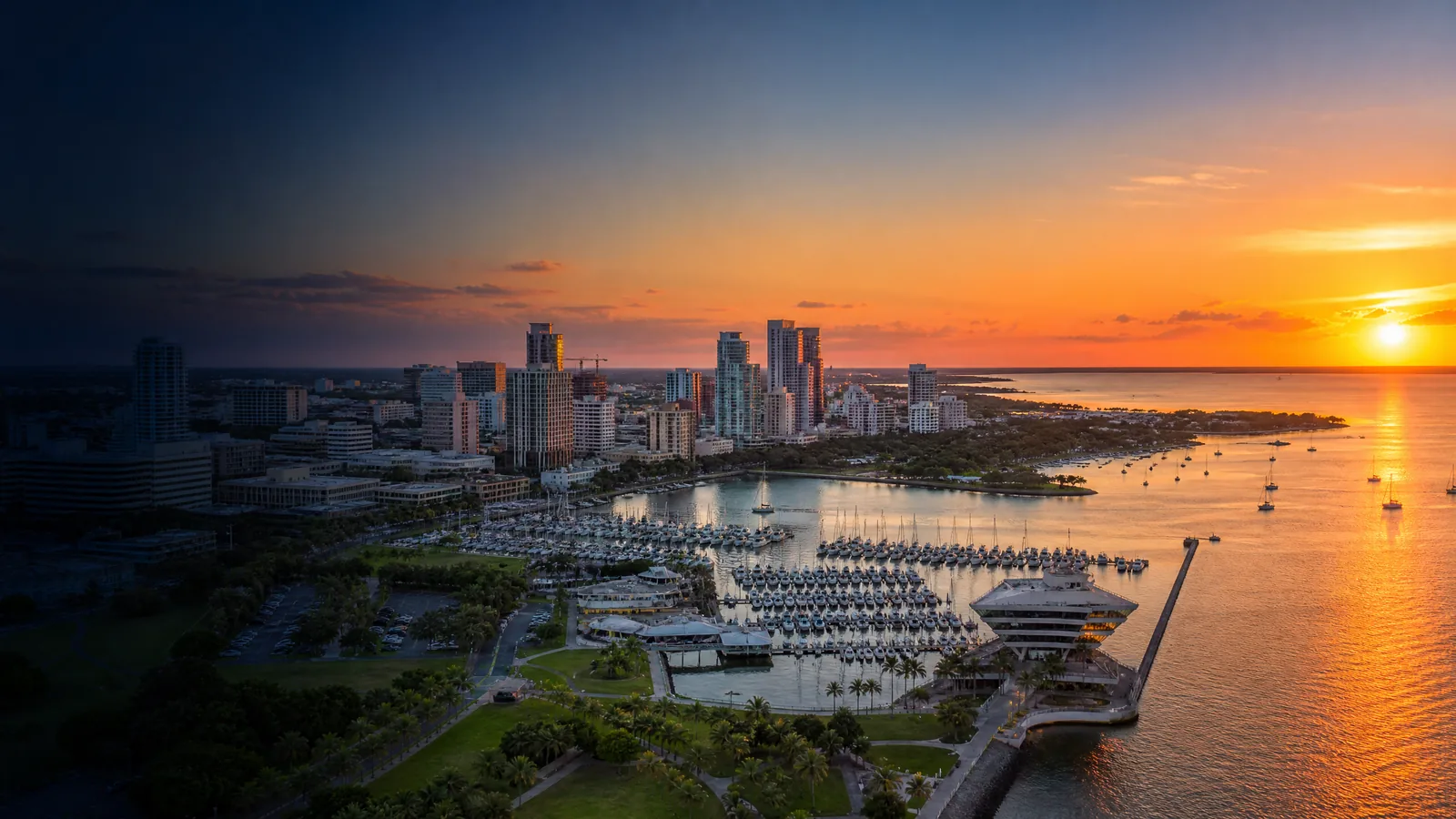 Aerial view of St. Petersburg, Pinellas County, Florida at golden hour