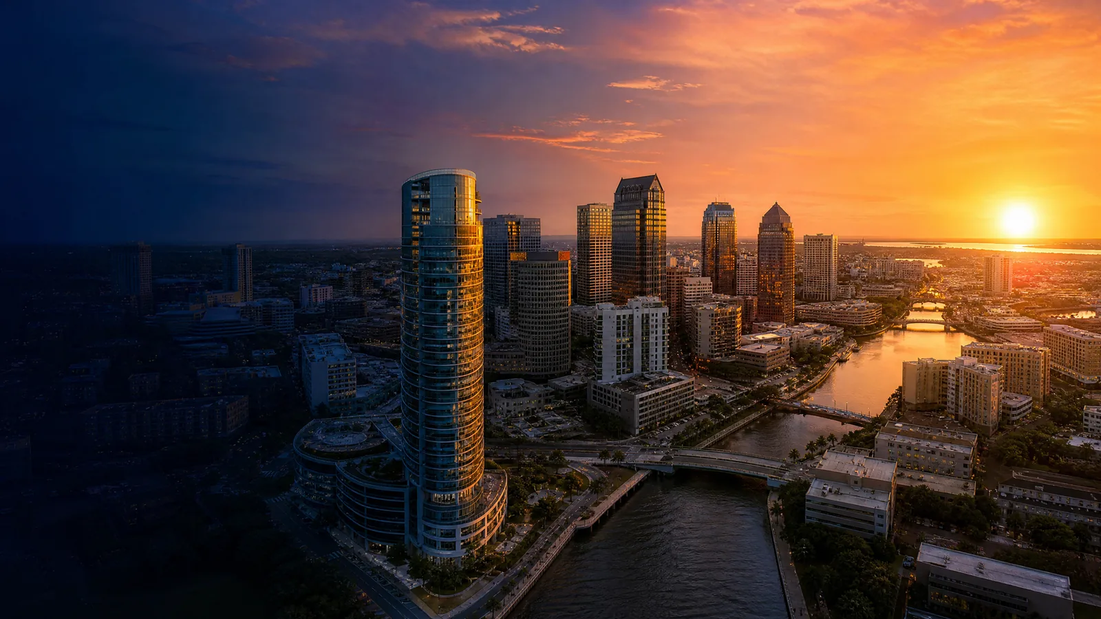 Aerial view of downtown Tampa, Hillsborough County, Florida at golden hour