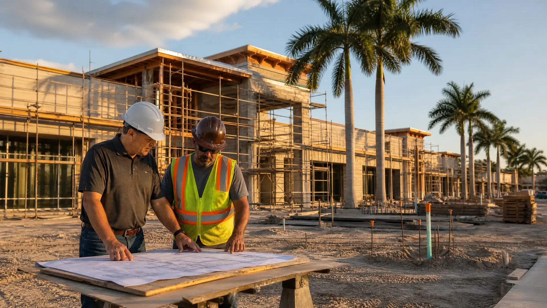 A general contractor and subcontractor reviewing building plans together at a Florida commercial construction site