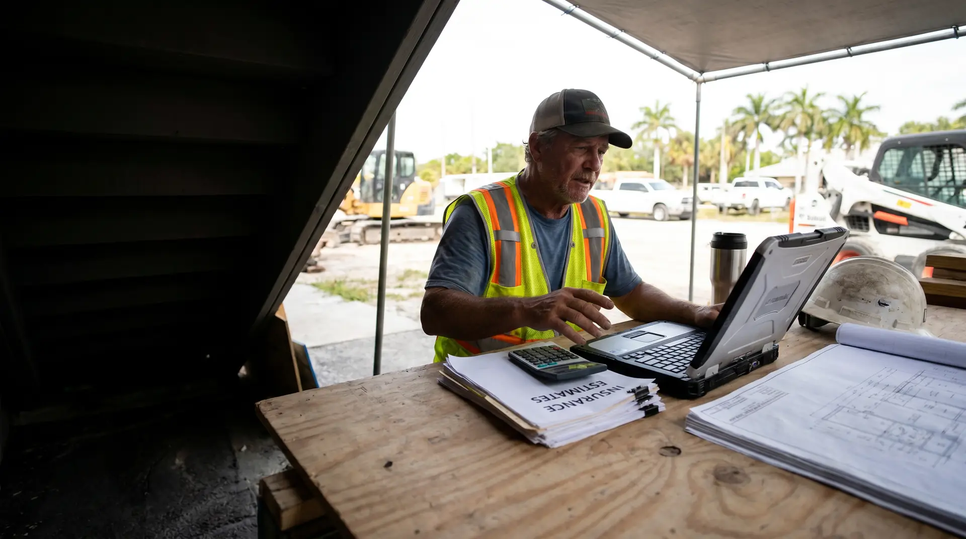 A Florida contractor at a job-site table reviewing insurance estimates with a calculator, laptop, and blueprints