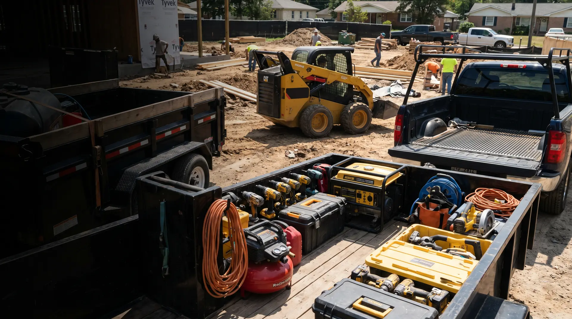 Contractor tools and equipment staged on a job site, the property contractors equipment coverage protects