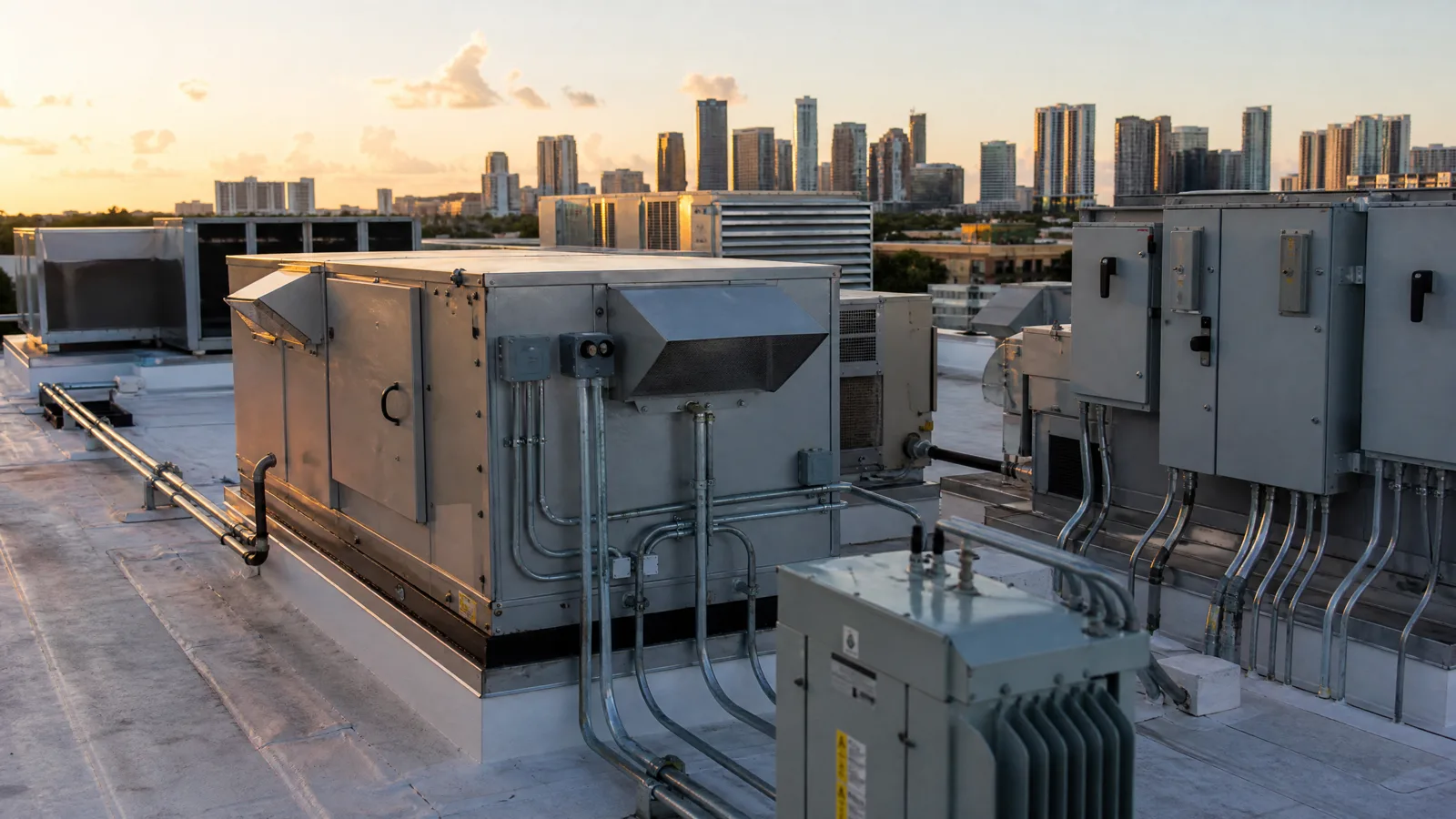 Commercial HVAC and electrical equipment on a Florida rooftop — the systems equipment breakdown coverage protects