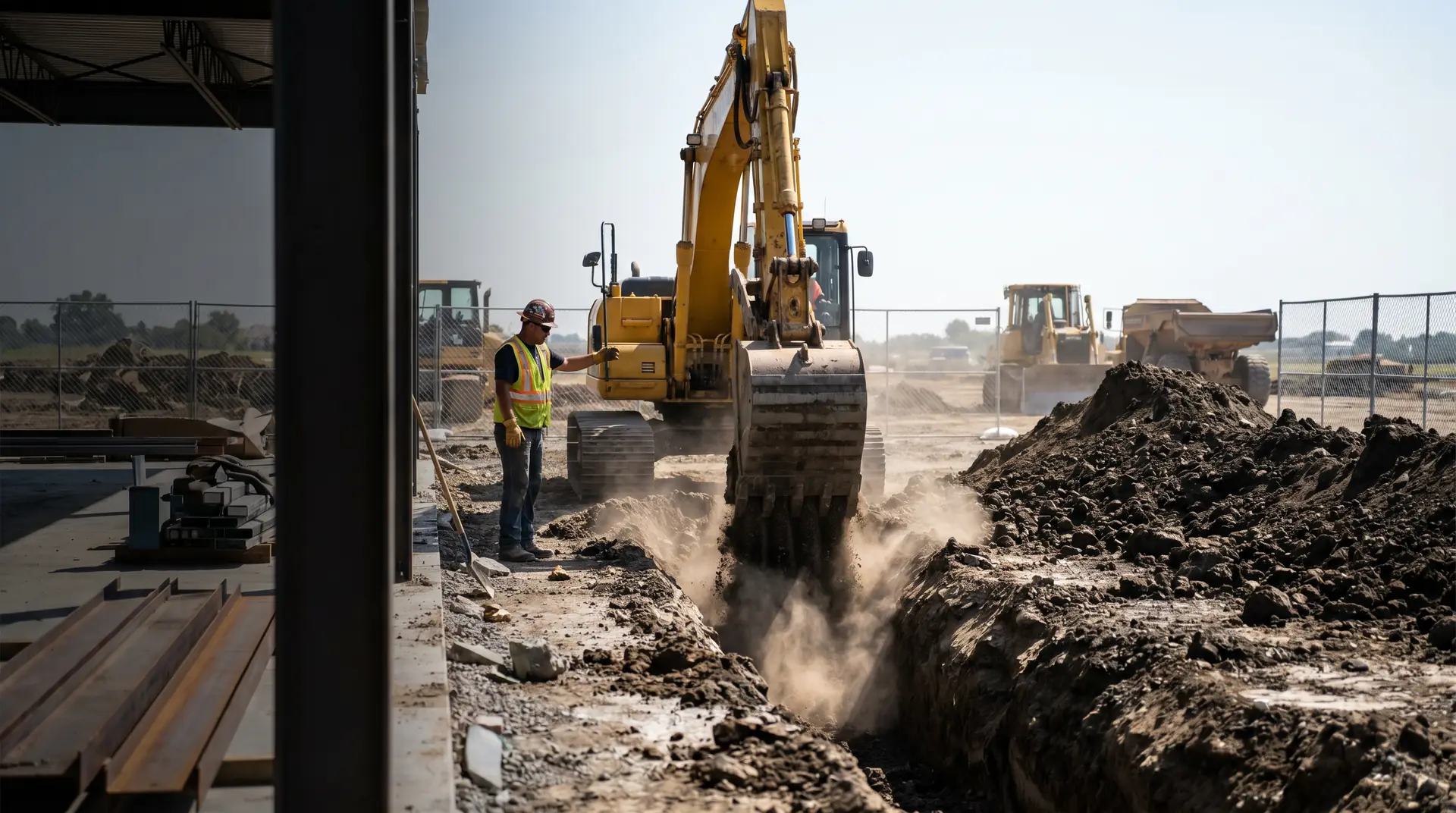 Hydraulic excavator digging a foundation trench on a commercial site
