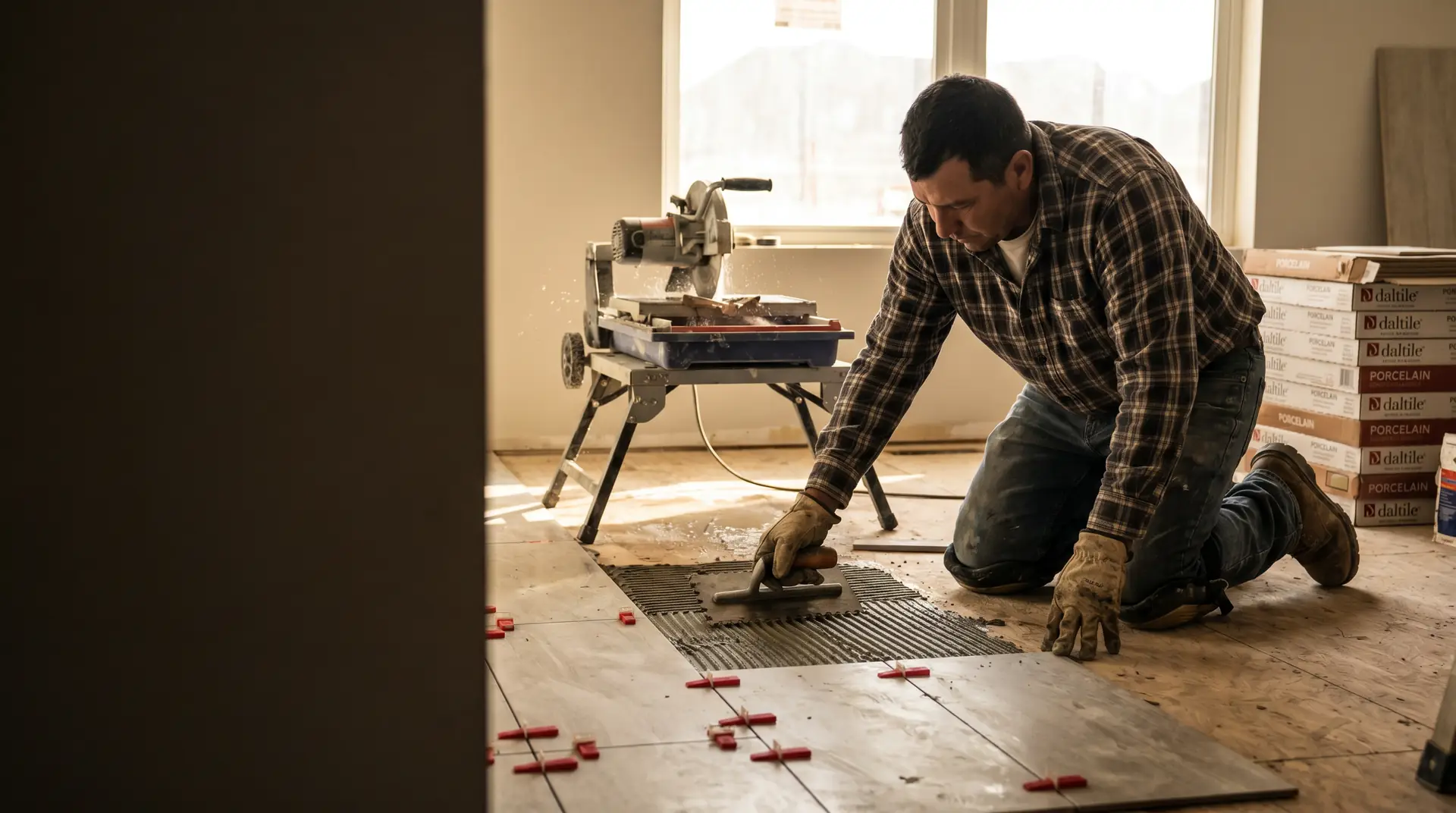 Flooring contractor installing porcelain tile with a notched trowel
