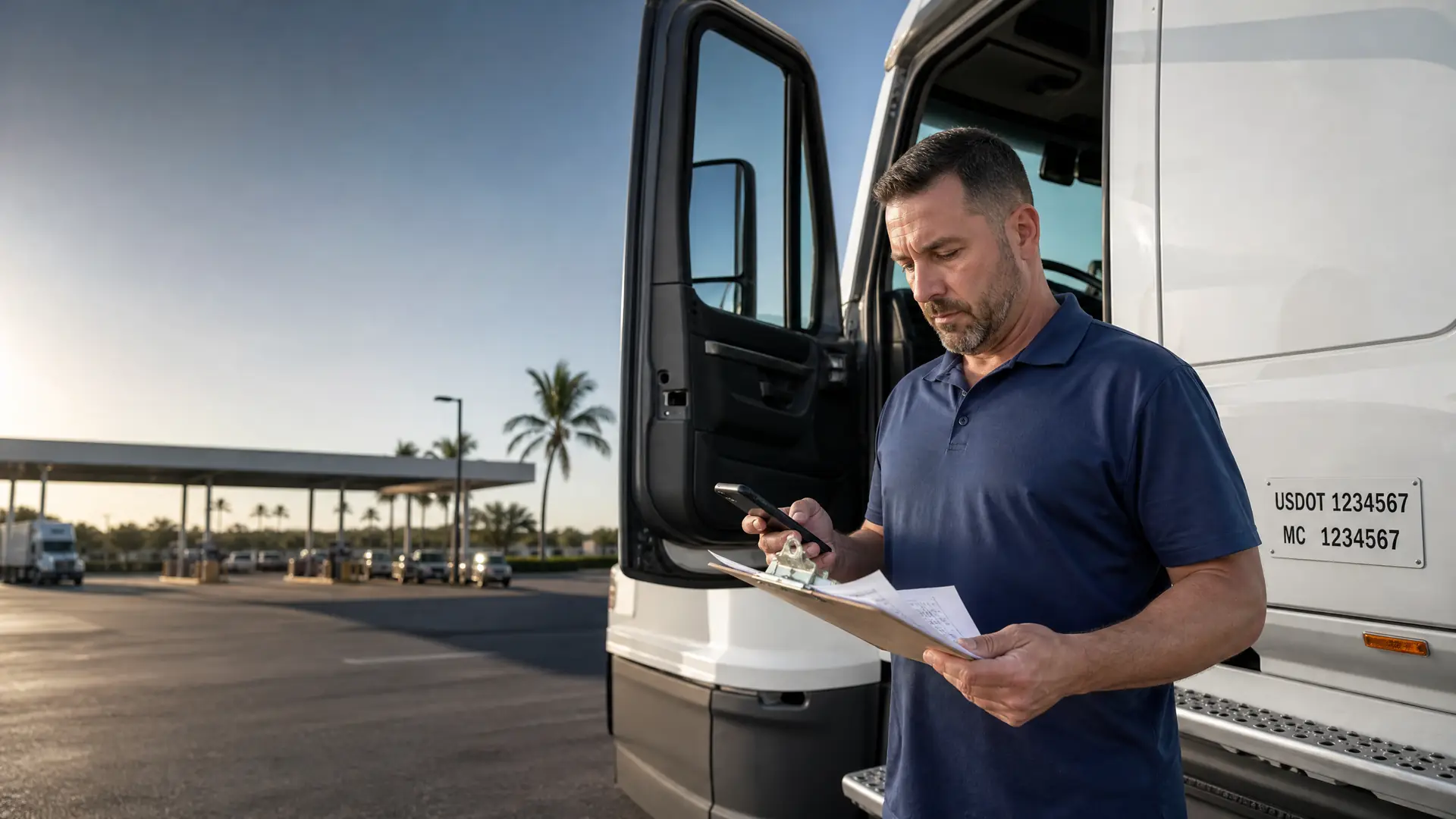 Truck driver reviewing FMCSA compliance paperwork beside a semi-truck with USDOT and MC numbers