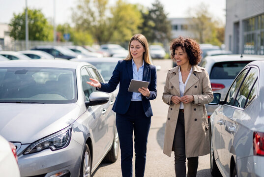 Auto dealer salesperson with a customer