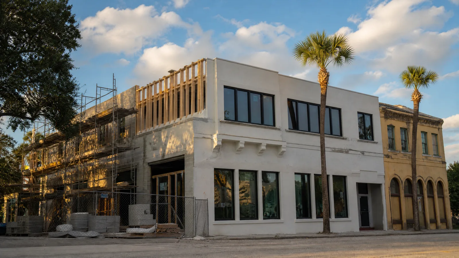 An older Florida commercial building being rebuilt to current code after a covered loss — the gap ordinance or law coverage fills