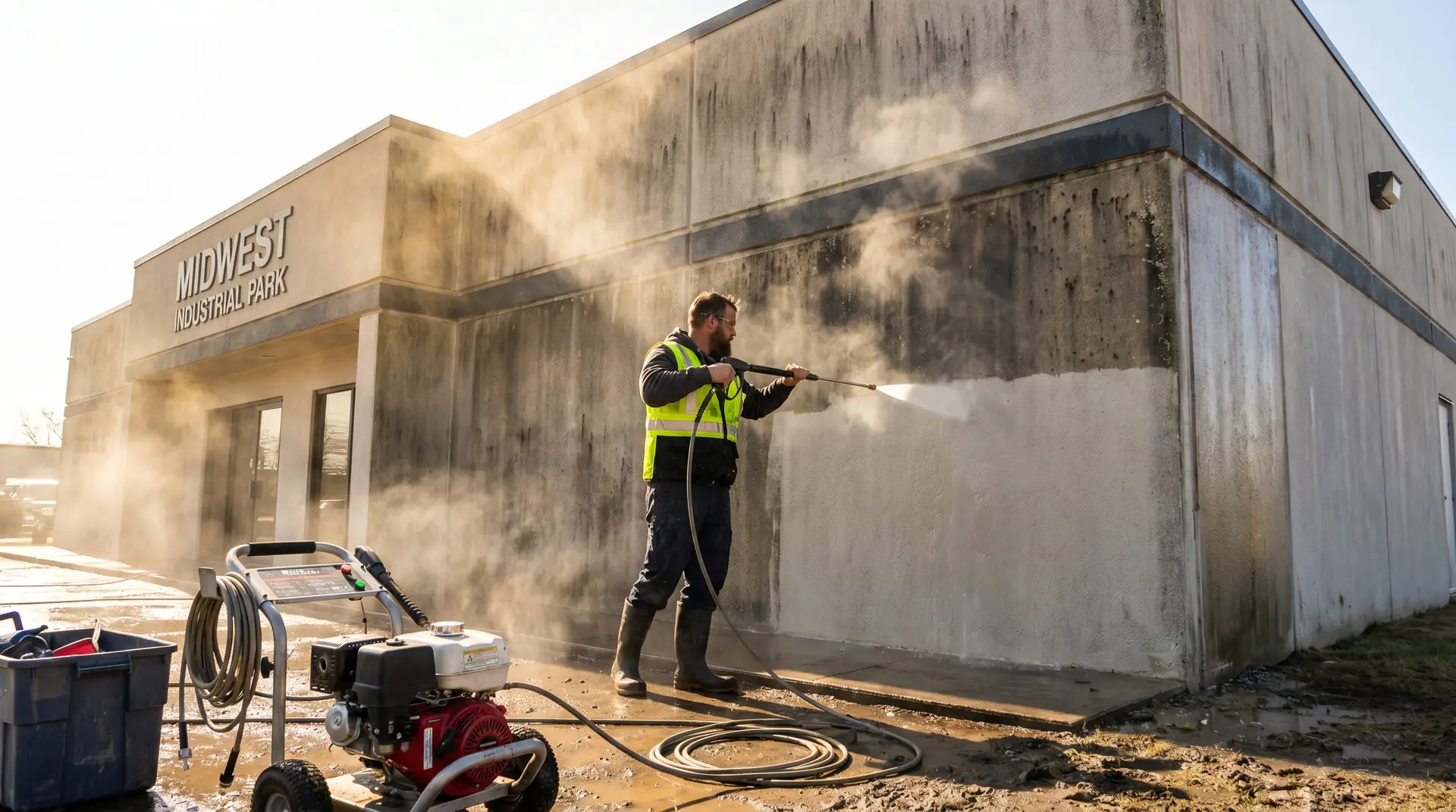 Pressure-washing contractor cleaning a commercial building exterior with a spray wand