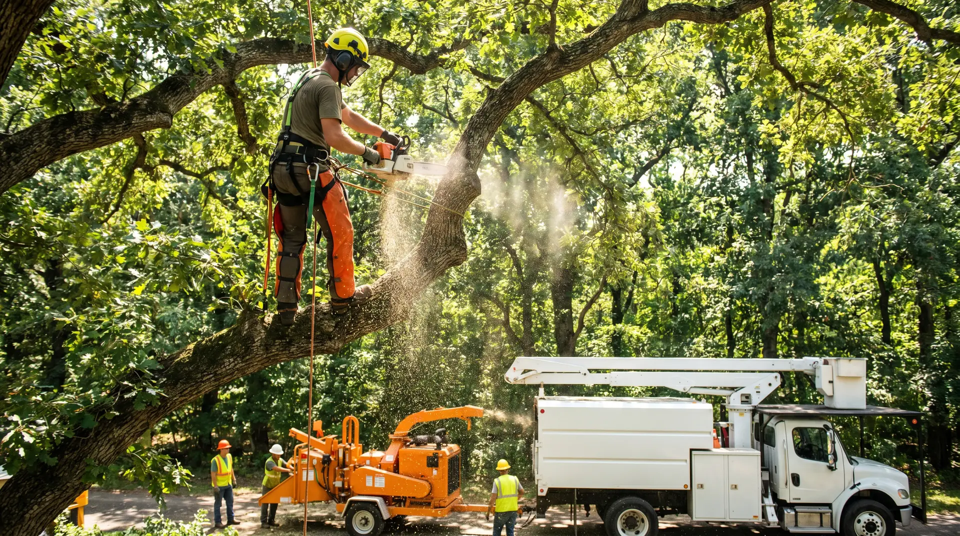 Arborist in climbing harness using a chainsaw to remove a large tree limb