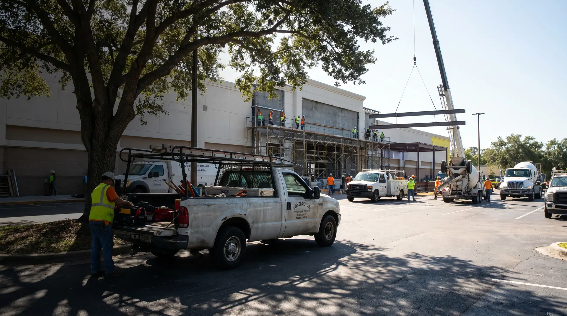 A busy Florida commercial job site with multiple simultaneous operations, the layered exposure umbrella liability insurance sits above